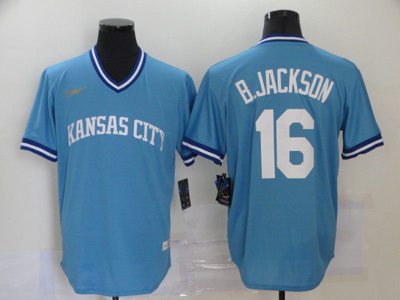 Cheap Men Kansas City Royals 16 B.Jackson Blue Throwback Game MLB Jerseys